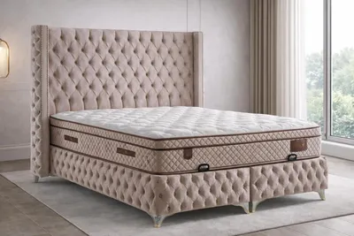 Produktbild von Bett mit Matratze Moderner Stil Beige Stoffbezug Bett mit Stauraum
