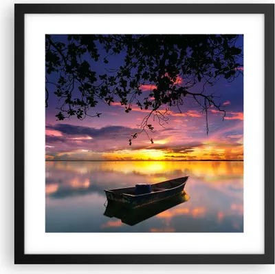 Produktbild von Gerahmtes Poster - Schwarzer Rahmen - Boot Sonnenuntergang See Himmel - 40x40 cm - Wand Bild - Wanddeko - Wandbilder - Wandposter - Bilderrahmen - Bilder - Kunstdruck - Wandbild - P2BAC40x40-2967
