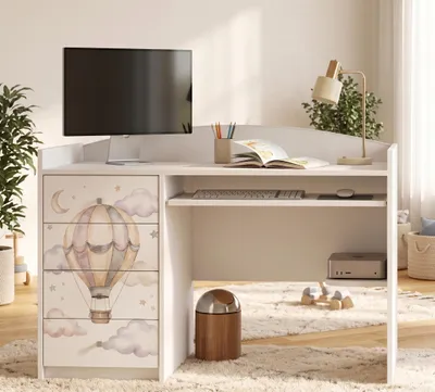 Obrázok produktu pre Biela detská písací stôl s motívom, študentský písací stôl 125x60 cm so štyrmi zásuvkami, písací stôl na učenie a počítač do detskej izby, Obrázok generovaný UI