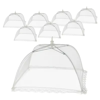 A group of white food covers are arranged on a white background, with one larger food cover in the foreground.