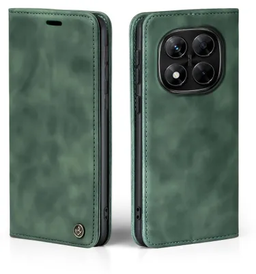 A green flip cover case for a smartphone is shown from two angles.