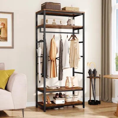 Image de Porte-manteau avec rangement pour chaussures - Marron rustique avec 2 étagères