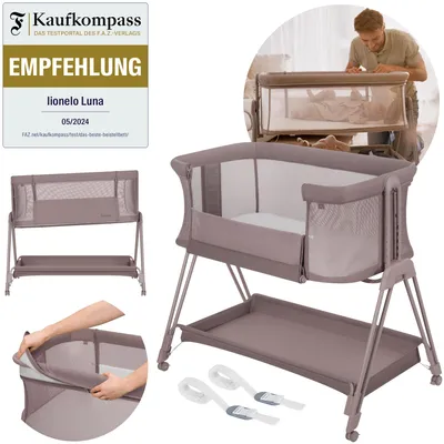Produktbild von Lionelo Luna Beistellbett mit Matratze, Reisebett, höhen- & neigungsverstellbar, 4 Räder mit Bremse, Befestigung am Elternbett, bis 9 kg Beige Taupe