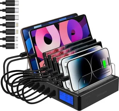 Productafbeelding van Oplaadstation met 7 Poorten en LCD Display voor Meerdere Apparaten, Snelladen PD20W en QC3.0, Geschikt voor iPhone, iPad, Samsung en Huawei, Zwart