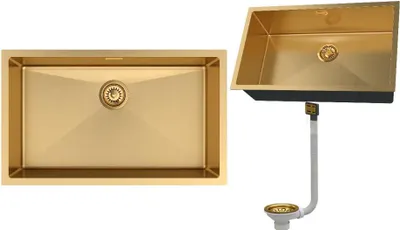 Zdjęcie produktu dla Granitan | Zlewozmywak stalowy – zlewozmywak 1-komorowy – 74,8 x 44,7 x 21,5 cm – prostokątny – złoty – z syfonem – Bari