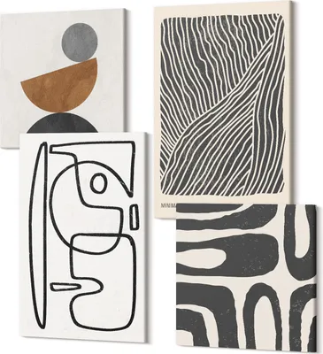 Produktbild von Leinwandbild Set 4-teilig – Modernes Wandbild – Polycanvas Kunstdruck – Abstrakte Bilder – Hochwertige Wandkunst – 2x 40x40 cm + 2x 40x60 cm – Abstrakte Muster mit Linien und Texturen auf hellem Hintergrund