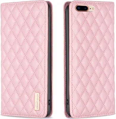 A pink quilted flip case for an iPhone 8 Plus is shown from two angles.