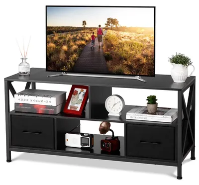 Immagine prodotto di Mobile TV basso - Mobile TV - Per televisori fino a 127 cm - Struttura in metallo - Pannello truciolare - Cassetti e ripiani aperti - Stile moderno - Nero