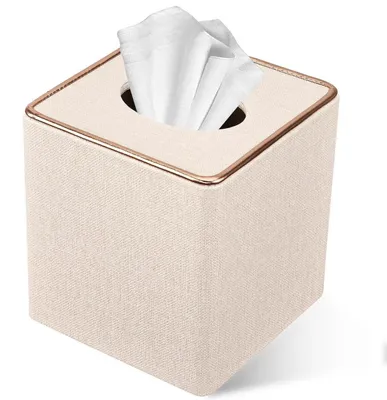 Image de Boîte de mouchoirs en similicuir, forme carrée, couleur beige, dimensions : 13,5 x 13,5 x 14,7 cm