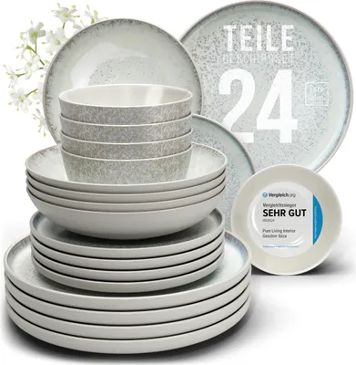 Produktbild von Steingut Geschirrset 6 Pers. Ibiza 24-tlg - Hochwertiges Mediterranes Steingut Geschirr Set - Schüssel & Teller Set - Tafelservice 6 Personen Geschirr