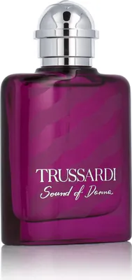 A product shot of a purple perfume bottle with a silver cap.