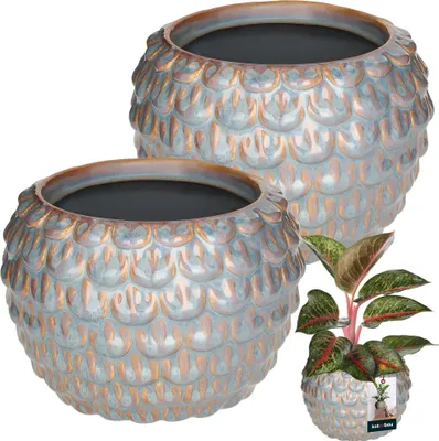 Produktbild von KOTARBAU® 2 St. Kunstvoller Blumentopf Keramik groß Vintage Fischschuppen-Muster handgefertigt ⌀ 17 cm Höhe 13 cm Blumenübertopf Keramik Blumentopf Grau & Gold Orchideentopf Keramik