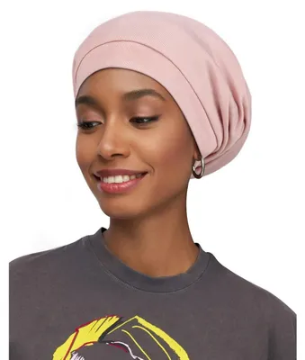 Immagine prodotto di Cuffia da notte con fodera in raso, elastico morbido, colore rosa tenue, con stampa