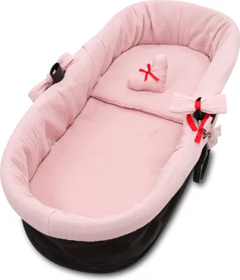 Produktbild von Umrandung für Kinderwagen - Bezug für Babywanne Nestchen Kinderwagenzubehör set 3- teilig mit Kissen und Matratze Musselin Puderrosa
