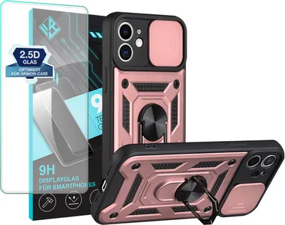 Produktbild von Armor Handyhülle für Apple iPhone 12  mit 9H Displayglas Displayschutz Kameraschutz Handy Panzer Case Cover Schutzhülle Outdoor Farbe: Rosegold