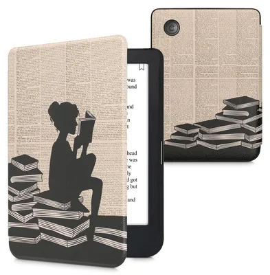 Produktbild von kwmobile Schutzhülle für Kobo Clara 2E / Tolino Shine 4 Hülle - eReader Flip Case mit Auto Sleep Funktion - Lesende Frau mit Schwarz Beige