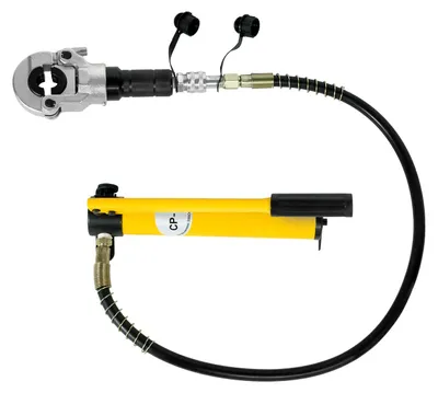 Produktbild von Hydraulisches Presswerkzeug Set - Rohrpresszange - 6 t Presskraft - V- und TH-Backen 12–32 mm - Für Kupfer- und Aluminiumrohre - Handpumpe - Gelb