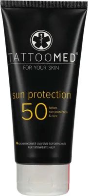 A black tube of Tattoomed sun protection cream with SPF 50.