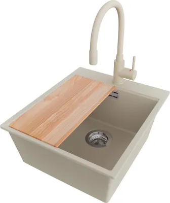 Produktbild von PRIMAGRAN Granitspüle Beige 43x50cm, Spülbecken 1 Becken + Küchenarmatur 38x14cm + Ablauf-Set + Schneidebrett, Küchenspüle ab 45er Unterschrank - Oslo