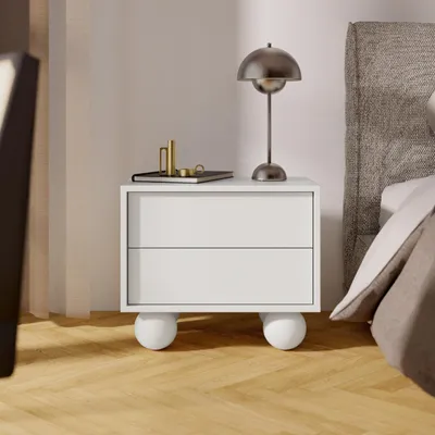 Produktbild von BEAUTYSOFA | Nachttisch ADEL Weiß, Nachttisch mit 2 Schubladen – Moderner Nachtschrank mit kugelförmigen Beinen, grifflose Fronten, Push-to-Open