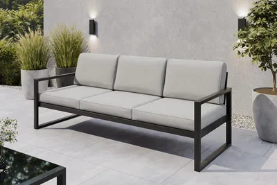 Produktbild von Margaret Hadas24 Gartensofa 3 Sitzer Outdoor Madera Lounge Couch Terrasse wetterfest Balkonmöbel Sitzbank mit Lehne, Gartenmöbel schwarz, hellgrau