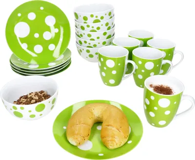 Produktbild von Pula grün 18tlg Frühstücksset Porzellan Teller Schale Becher gepunktet