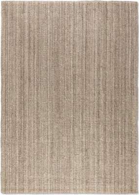 A close-up, top-down view of a rectangular rug with a woven texture.