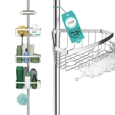 Produktbild von Teleskop Duschregal mit 3 Fach Anti-Rost Schutz (Version 2.0) - Stabiles & flexibles 105-270cm Duschregal Teleskop ohne Bohren - 4 Körbe