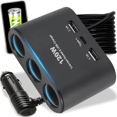 Produktbild von Auto-Schnellladegerät 6in1 Laptop Auto Ladegerät 120W, 2x USB 3.1, 1x USB C, 3x Zigarettenanzünder 24 V, Quick Charge, PPS, AFC, FCP, Schwarz, Retoo