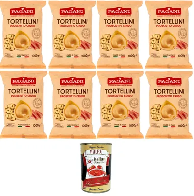 Produktbild von Pagani Pasta all' Uovo Tortellini con Prosciutto Crudo, Eiernudeln mit Parma ham, Pasta mit Ei 8x1kg + Italian Gourmet polpa 400g
