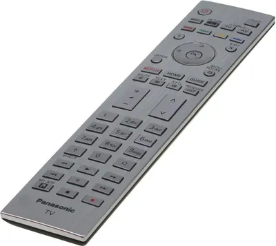 A silver Panasonic TV remote control is shown against a white background.