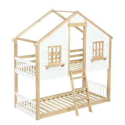 Produktbild von Flieks Etagenbett 90x200cm mit Leiter, Kinderbett Hausbett mit Fenster, Hochbett Stockbett Einzelbett mit Rausfallschutz und Lattenrost, Naturbelassen