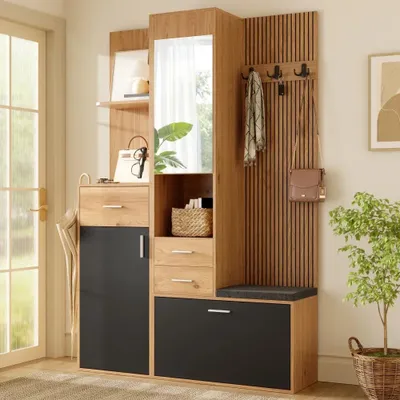 Obrázek produktu pro Vestavěná skříň do předsíně – kombinace šatní skříně a botníku – 120 x 32 x 178 cm – se zrcadlem – s lavičkou – se zásuvkami – s výklopnou přihrádkou na boty – černá/přírodní barva