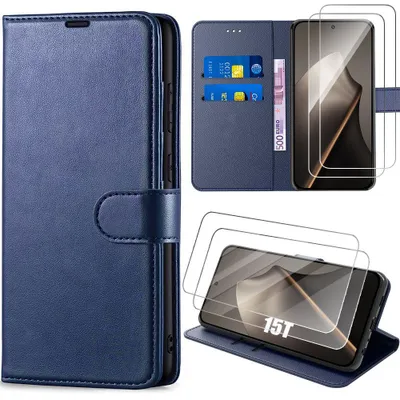 Image de Coque + 2 Verres Trempés pour Xiaomi 15T, Protection Rabat Cuir Synthétique Antichoc Bleu Marine