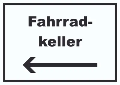 Produktbild von Fahrradkeller Schild mit Text und Richtungspfeil links Rad Bike waagerecht A5 Rückseite selbstklebend