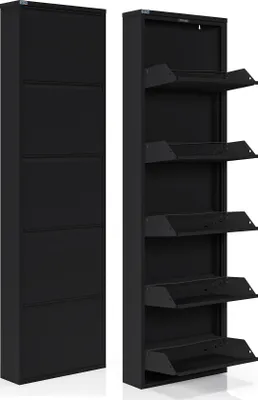 A black metal shoe cabinet shown from two angles: a closed view on the left and an open view on the right, revealing multiple shelves.