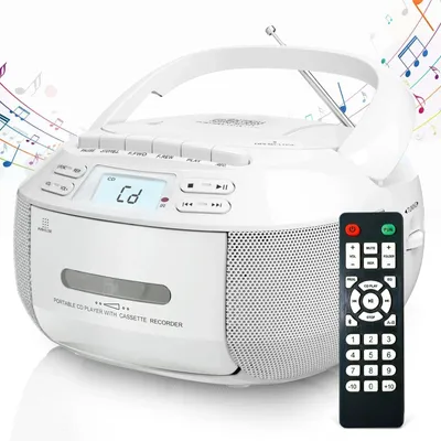 Zdjęcie produktu dla Odtwarzacz CD i kasetowy – przenośny odtwarzacz stereo – wbudowane głośniki – odtwarza płyty CD, CD-R, CD-RW – płyty MP3 i WMA – kolor biały