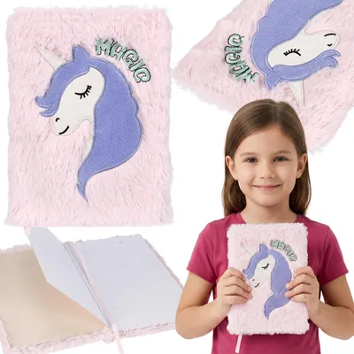 Produktbild von Plüsch-Notizbuch mit Einhorn-Motiv für Mädchen, liniertes Tagebuch und Schulheft, A5