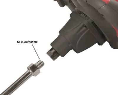 A close-up view of a tool attachment and a threaded rod, with a label indicating 'M 14 Aufnahme'.