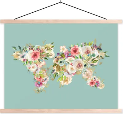 Produktbild von MuchoWow® Textilposter Weltkarte - Blumen - Pastell 60x45 cm mit holzfarbenen Rahmen - Bild