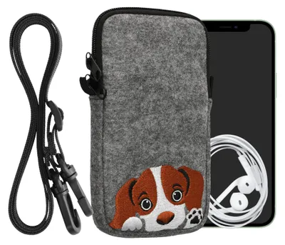 Produktbild von kwmobile Handytasche für Smartphones L - 6,5" - Filz Handy Hülle Braun Weiß Grau - Handy Tasche mit Kette 16,5 x 8,9 cm Innenmaße - Neugieriger Hund