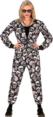 A woman wearing a skull-patterned jumpsuit.