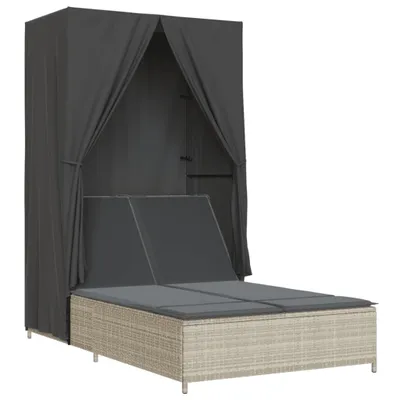 Produktbild von vidaXL Doppel-Sonnenliege mit Dach und Vorhängen Hellgrau Poly Rattan