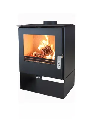 A modern black wood-burning stove with a glass door showing a fire inside, set against a white background.