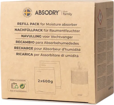 A cardboard box containing refill packs for a moisture absorber.