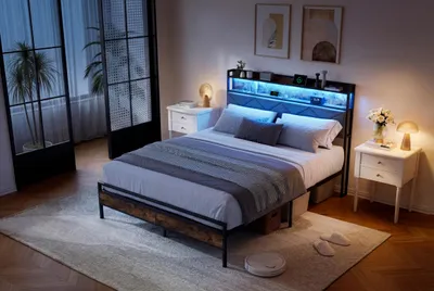 Obrázek produktu pro Kovová postel ProximaX 140 × 200 cm s LED osvětlením a USB-C – manželská postel s úložným prostorem v čele, sametovým čalouněním, v industriálním stylu, do moderní ložnice