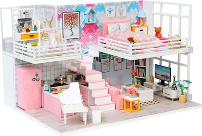Produktbild von Habarri | Miniaturhaus - DIY-Puppenhaus - Holzhaus mit Möbeln und LED-Beleuchtung - Geschenk für Kinder - Treffen mit einer Freundin
