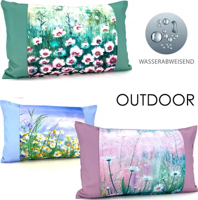 Produktbild von heimtexland ® Outdoorkissen Digitaldruck Blumen Lotus Effekt - Wasserabweisend Garten Deko Kissenhülle 30x50 Typ851 Hellblau