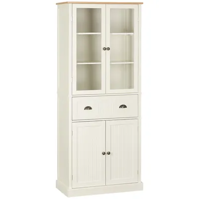 Image de HOMCOM Buffet meuble cuisine rangement armoire de cuisine 4 portes dont 2 portes vitrées et 1 tiroir hauteur 182,5 cm avec étagères réglables - beige