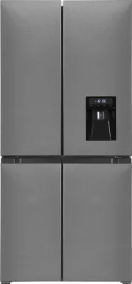 A front view of a modern stainless steel refrigerator with a water dispenser.